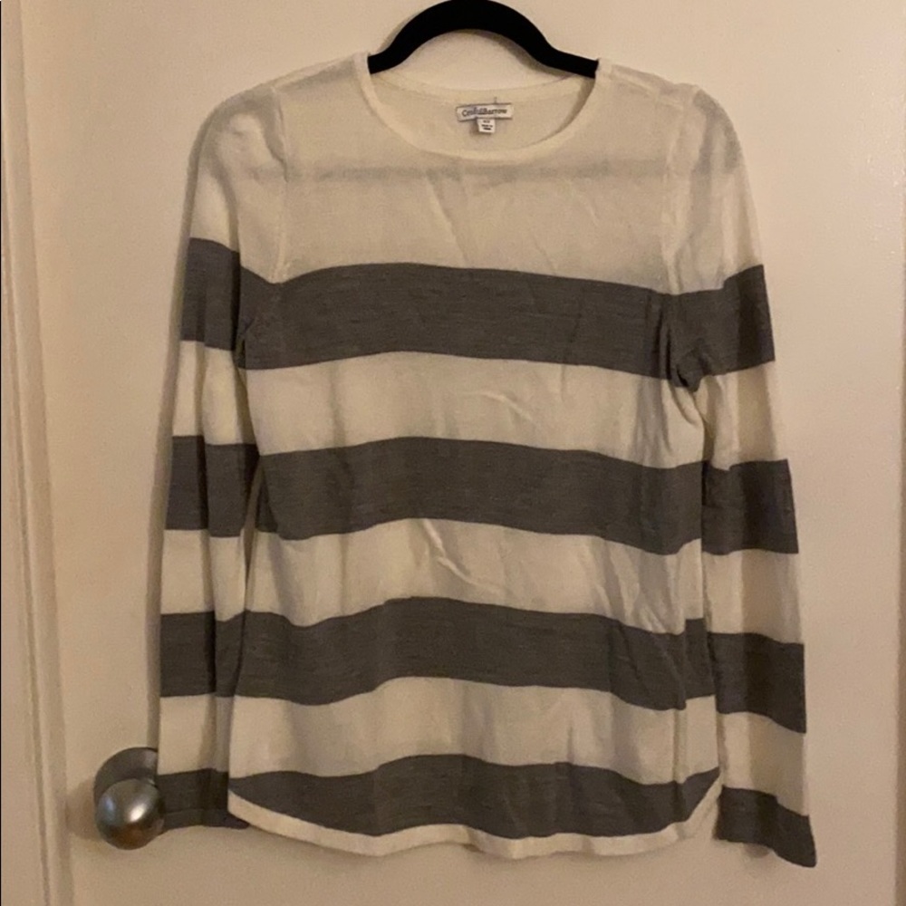 White and grey striped sweater